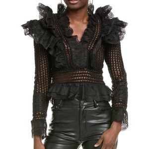 Banjul Black Lace Ruffle Sheer Mesh Blouse Size S